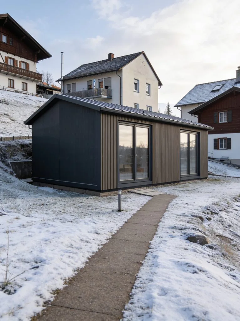 Modulhaus 800 × 600 cm mit Satteldach und zwei Schlafzimmern